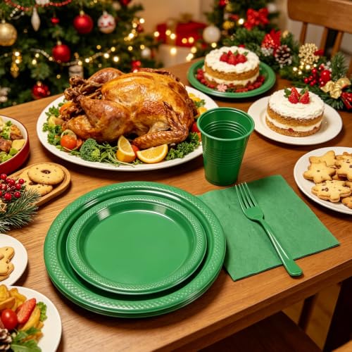 Green Plastic Party Plates and Napkins Set - 50 Pack, Halloween & Christmas Variations