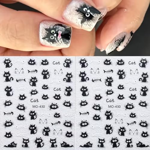 Black Cat Nail Stickers for Nail Art 5D Embossed Decals - Fish Skeleton Design, 3 Pieces