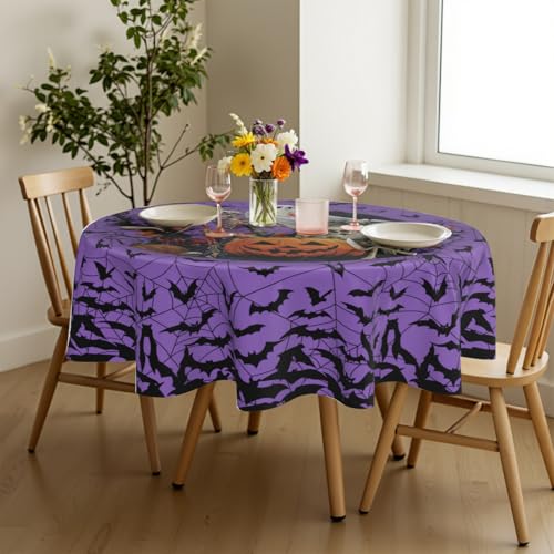 Halloween Pumpkin Tablecloth 60 Inch Round Spooky Ghost Bat Design Purple Washable