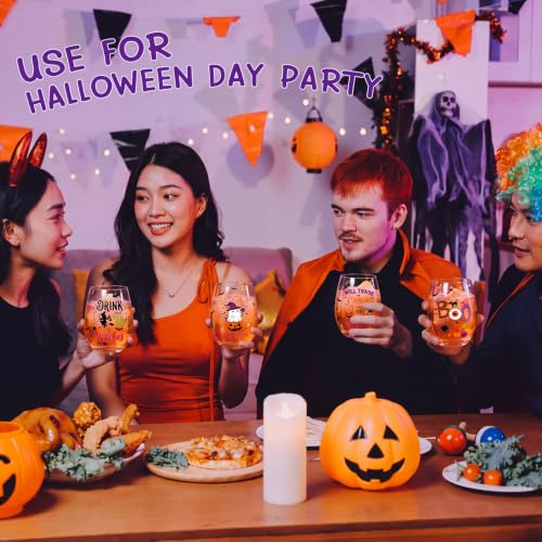 Halloween Stemless Wine Glasses Set - 4 Pieces, 17 oz Halloween Gifts for Women