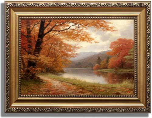 Fall Landscape Wall Art with Gold Frame – Autumn Moody Scenery Canvas Print 16 x 12 inches