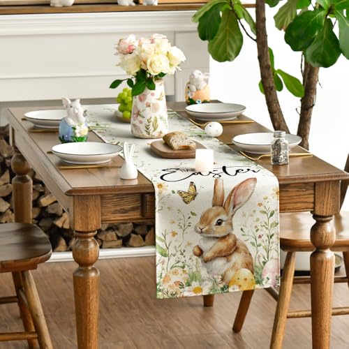 Easter Table Runner 13x48 Inch Bunny Rabbit Butterfly Eggs Flowers Seasonal Decor Beige