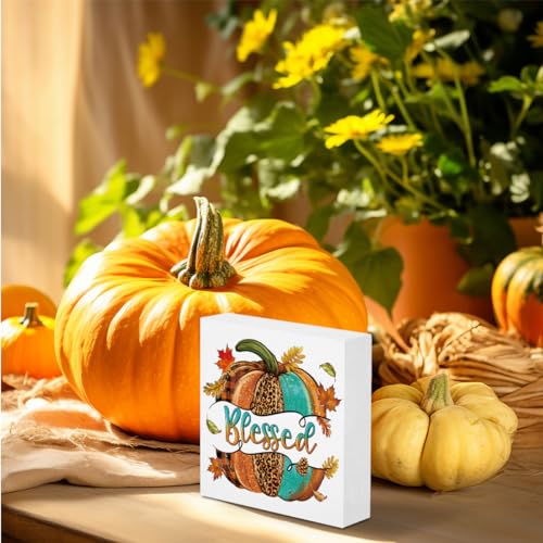 Blessed Pumpkin Wooden Box Sign - Fall Decor Religious Harvest Rustic Home & Office