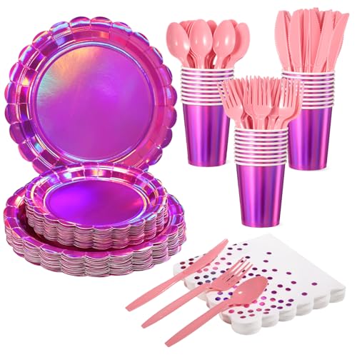 Iridescent Pink Party Plates and Napkins Set - 175 Pcs Halloween Dinnerware Variation