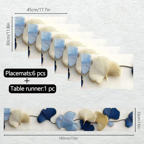 Ginkgo Leaf Table Runner & Placemats Set - 1 Runner + 6 Placemats - Modern Minimalist Gold Accents - Variation 98