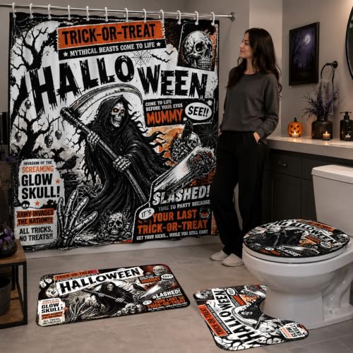 Gothic Skull Halloween Shower Curtain Set with Toilet Seat Cover Bath Rug & Hooks - Vintage Style