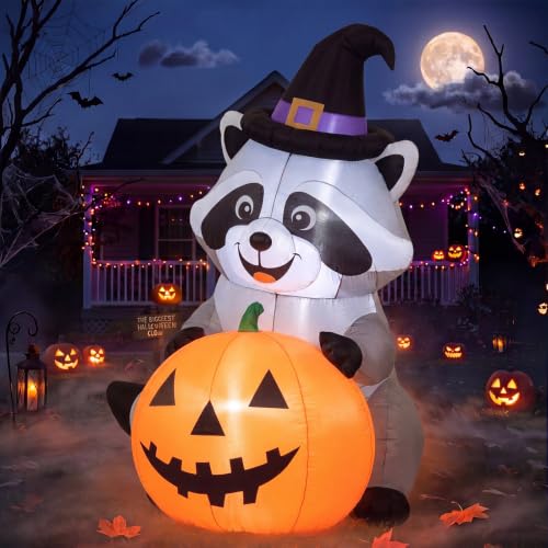 Halloween Inflatable Witch Raccoon Decor - 5 ft Outdoor Blow-up Decoration with LED Lights - Halloween Style