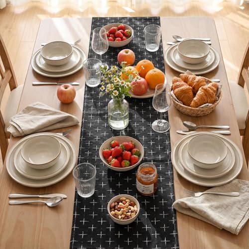 Black Cross-Star Textured Table Runner - 13x72 Inch Water-Resistant Kitchen Decor