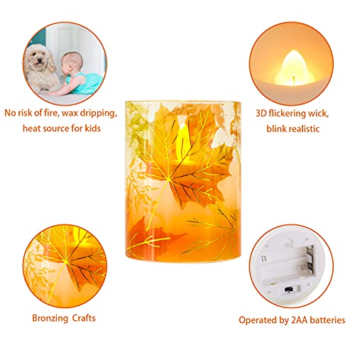 Fall Flameless Candles with Maple Leaves - LED Flickering Candles for Autumn & Thanksgiving