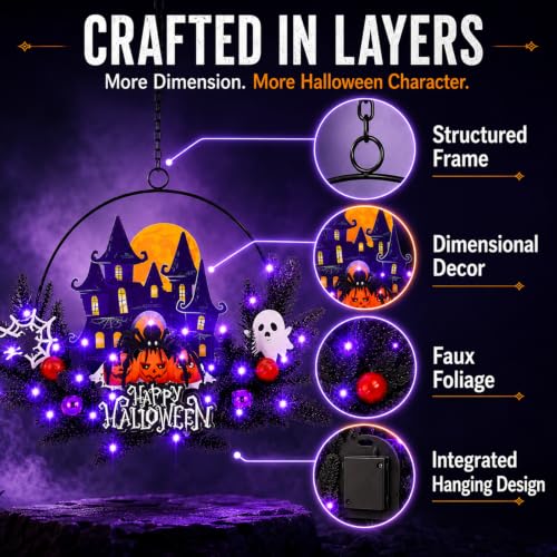 Pumpkin Ghost Halloween Wreath Decorations for Front Door - Fall Spooky Welcome Sign, Indoor/Outdoor