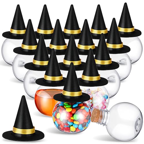 Halloween Witch Hat Potion Bottles Set - 12 Plastic 13.5oz Black