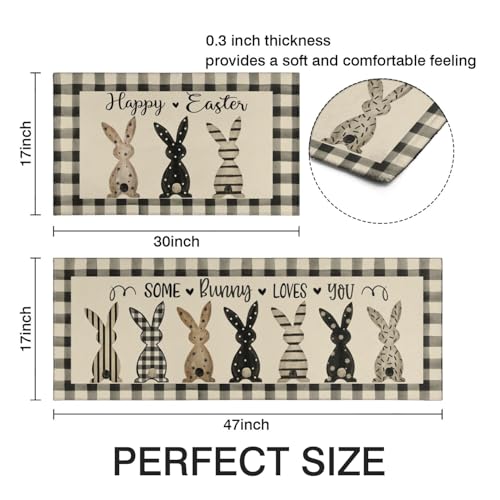 Easter Bunny Kitchen Rugs Set of 2 - Black & White Checkered Spring Decor