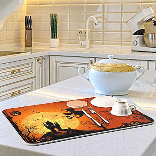 Halloween Pumpkin Witch Dish Drying Mat 16x18 Reversible Kitchen Counter Decor