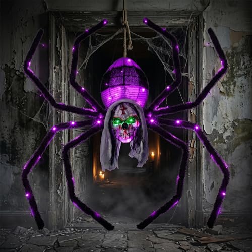 52-Inch Wall-Mounted Halloween Giant Skull Face Spider with Flashing Red & Green Eyes - Outdoor Decoration