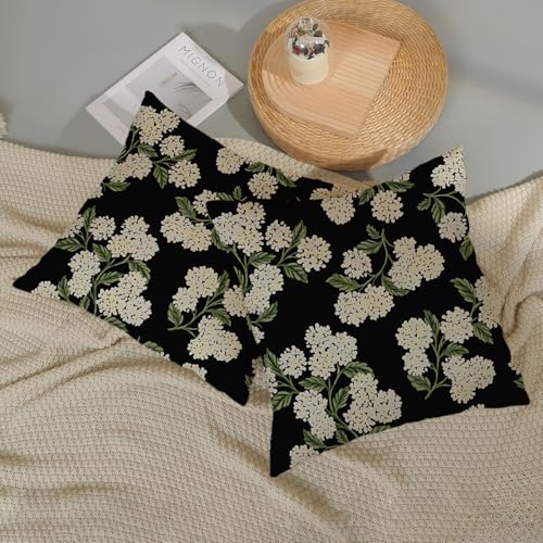 20x20 Inch Set of 2 Black Pillow Covers with Hydrangea Floral Pattern - Outdoor Linen Cushion Cases