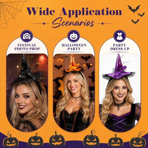 Halloween Sequin Witch Hat Headband Set with Lights - Festive Hair Accessories 3 Pcs
