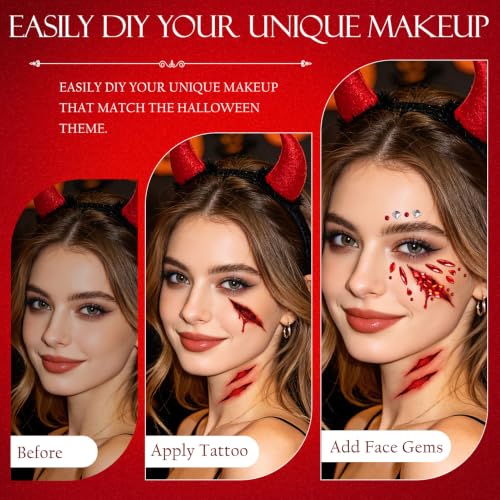 Halloween Fake Blood & Face Tattoo Kit with Gems for Zombie Vampire Makeup