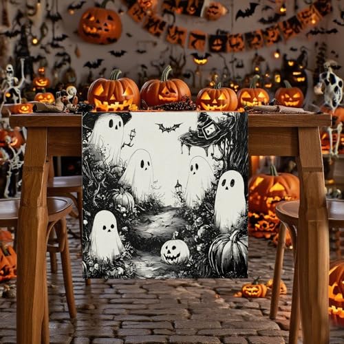 Halloween Table Runner Black Ghost Burlap 13 x 36 Inch Indoor Outdoor Decor