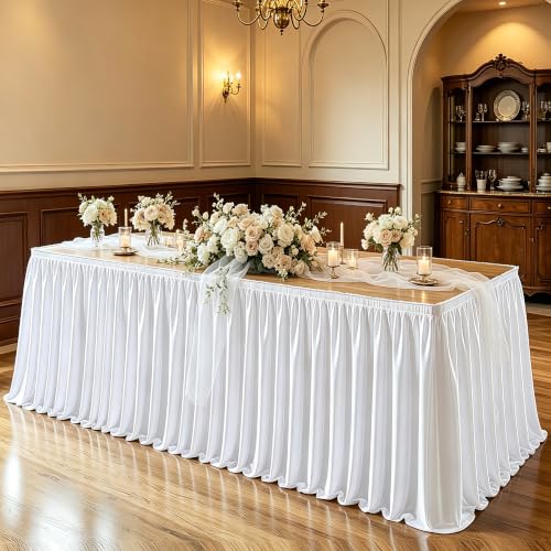 14ft White Satin Table Skirt for Rectangular Tables - Wrinkle-Free Party Decor with Glitter Ruffle - Variation: White / 168x30 Inches