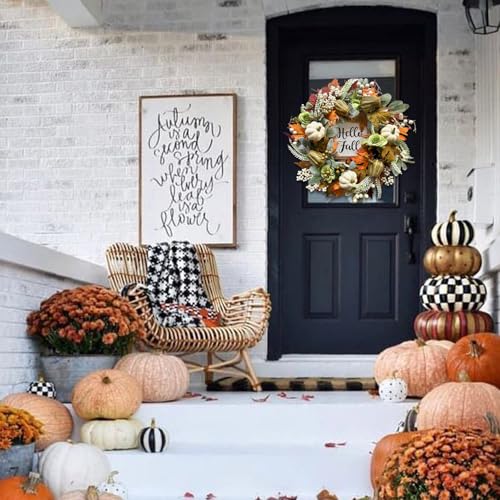 Fall Wreath 22 Inch Autumn Door & Wall Decor with Pumpkin Maple Leaves