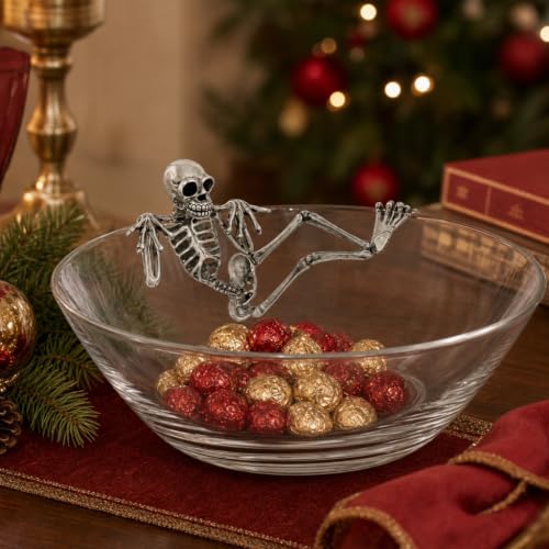 Halloween Skeleton Candy Dish Bowl - Handblown Glass & Pewter Decor - 10 Inch