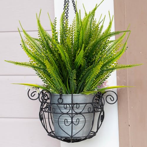 Artificial Boston Fern with Flowers - Outdoor Faux Greenery for Garden Porch Patio Window Box