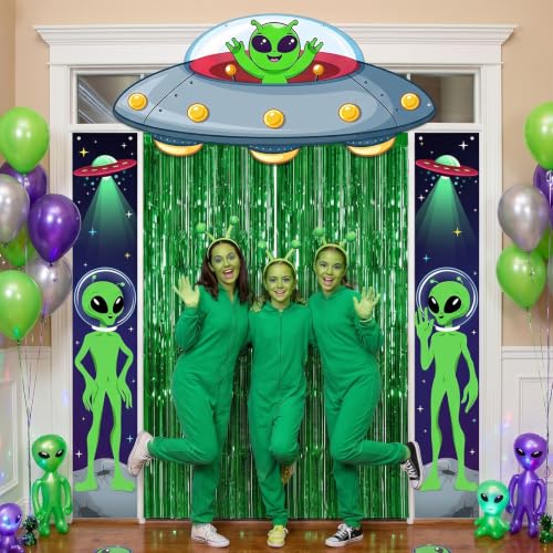Alien Party Decorations Set - UFO Banner, Green Fringe Curtains & Alien Signs