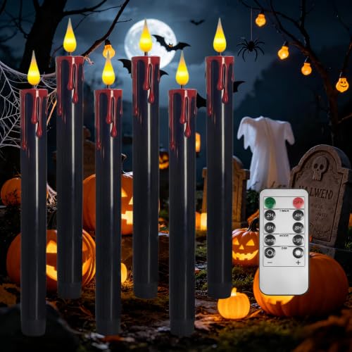 Halloween Flameless Taper Candles with Flickering Mode & Remote - Black 10-Inch Set