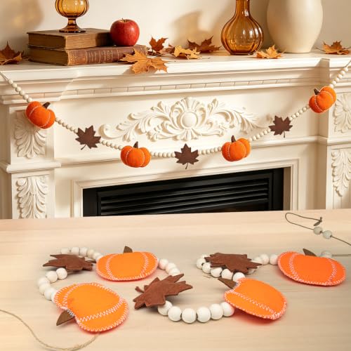 Fall Pumpkin Garland with Maple Leaves & Wood Beads - 6.8 ft Autumn Decor - Pumpkin Variation