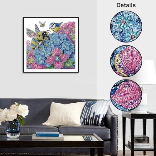 Diamond Painting Kit for Adults Bee & Hydrangea Special Shape 12x12in - DIY Wall Art Gift