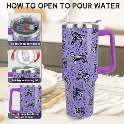 Purple Skull Cat Tumbler 40oz Insulated Travel Mug with Handle & Straw Gothic Gift