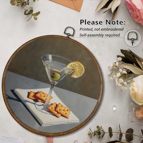 Cheese Crackers Wall Art - Martini Cocktail Food Decor, 10x10 Inch Round Canvas with Frame