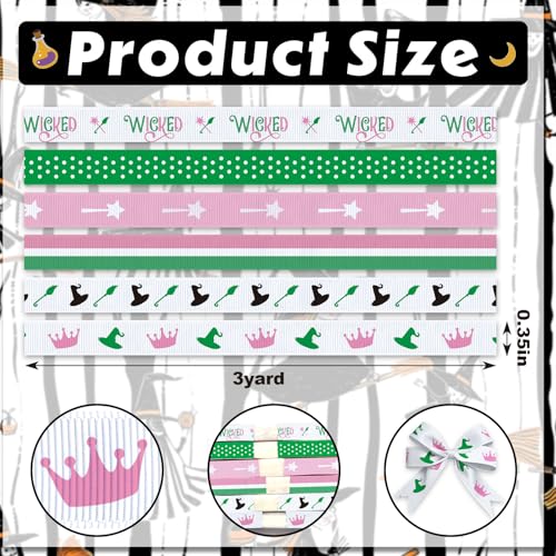 Halloween Witch Ribbons Set - Pink & Green Grosgrain Craft Wraps for Decorations