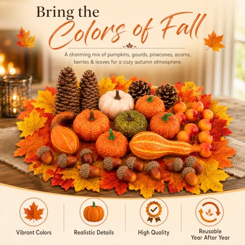 Fall Decor Set with Artificial Pumpkins Gourds and Leaves - Orange & Brown, 96 Pieces