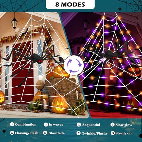 Halloween Spider Web Lights with 50-Inch Plush Spider & Stretch Cobweb - Remote Control, 8 Modes, Waterproof Yard Decor