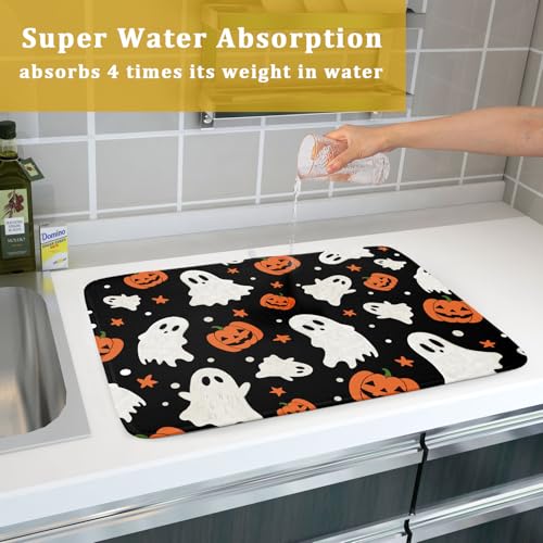 Halloween Dish Drying Mat 18x24 Inch with Pumpkin Ghost Design, Reversible Microfiber, Fast Dry Kitchen Mat - Black & Orange
