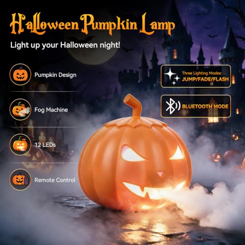 Outdoor Halloween Pumpkin Fog Machine with 12 Color LED Lights, Wireless Remote