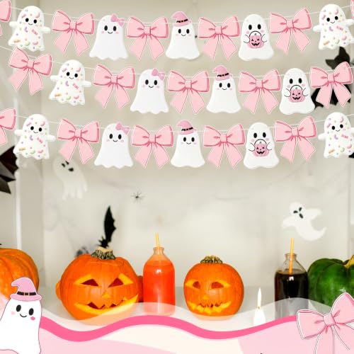Pink Bow Ghost Halloween Banner Decorations - Party Set of 3