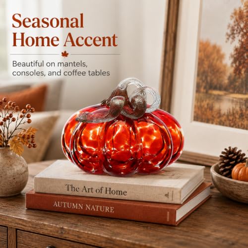 Red Hand Blown Glass Pumpkin Decoration - Fall Harvest Halloween Tabletop Accent