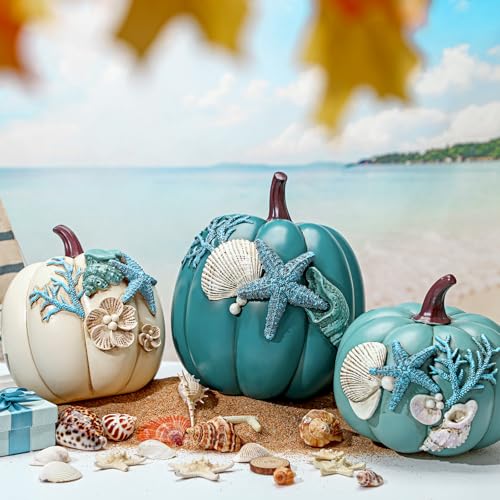 Blue Ocean Fall Pumpkin Decor Set - 3 Resin Autumn Pumpkins with Gold Stems & Sea Details - Coastal Thanksgiving & Halloween Home Decor - Variation of THIS listing