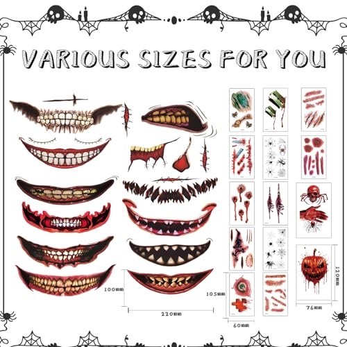 Halloween Prank Makeup Temporary Tattoos Set A (26 Pieces) for Face and Cosplay