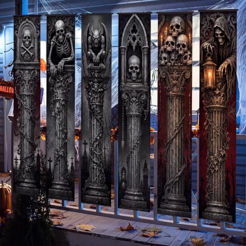 Dark Gray Halloween Cemetery Banner Set - 6 Creepy Gothic Porch Decorations