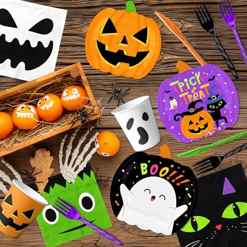 Halloween Paper Plates Napkins Cups Forks Party Supplies 144Pcs Spooky Decor
