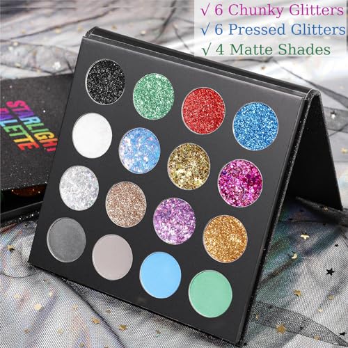 Glitter Eyeshadow Makeup Palette - 12 Chunky & Fine Pressed Glitter & Eye Shadows - Variation B