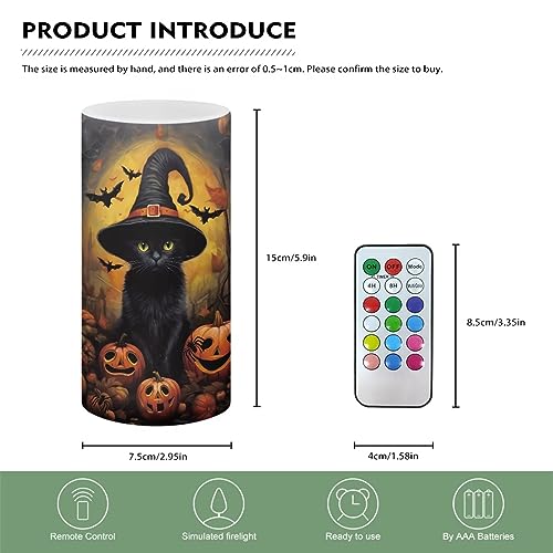 Flameless LED Pillar Candle with Remote & Color Change - Black Cat Witches Pumpkin