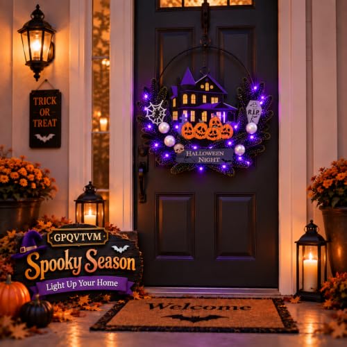 Pumpkin Ghost Halloween Wreath Decorations for Front Door - Fall Spooky Welcome Sign, Indoor/Outdoor