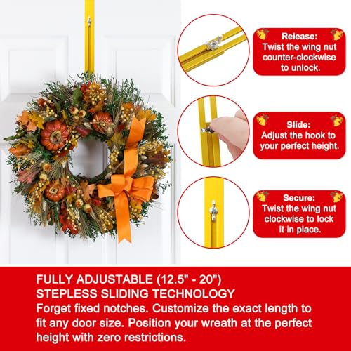 Gold Adjustable Wreath Hanger for Front Door - Over-the-Door Hook, 15-25 Inches