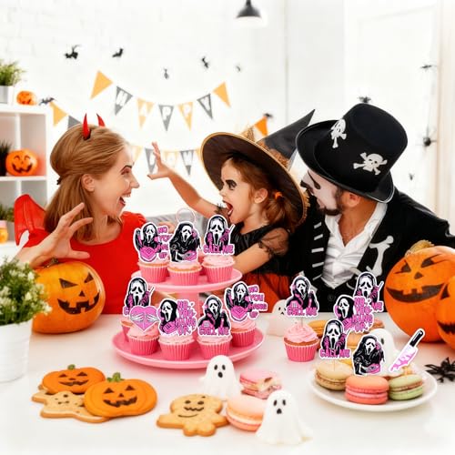 Pink Horror Movie Cupcake Toppers 24PCS Halloween Party Decor