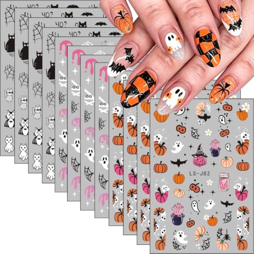 Halloween Nail Art Stickers Set - 12 Sheets Self-Adhesive Pumpkin Ghost Bat Skull Design Style7