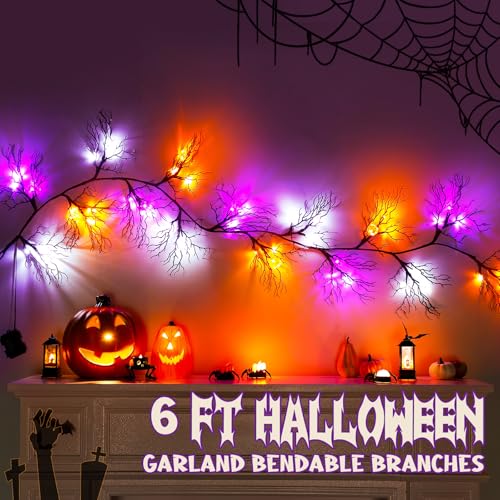 Halloween Garland with Pumpkin Bat Ghost Lights - 6FT Decor, Battery Operated, 8 Modes, Variation of Pumpkin & Bat & Ghost